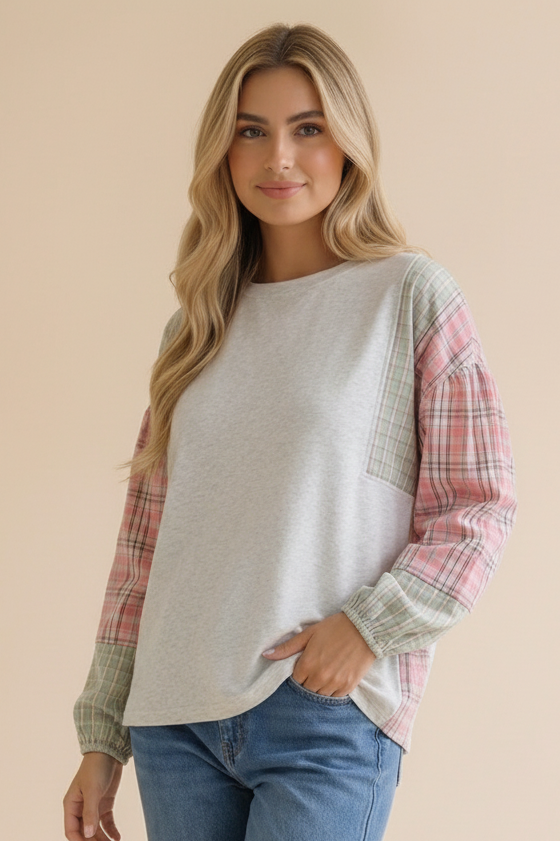 LIGHT GREY SOLID PULLOVER KNIT TOP W/ PLAID SLEEVES