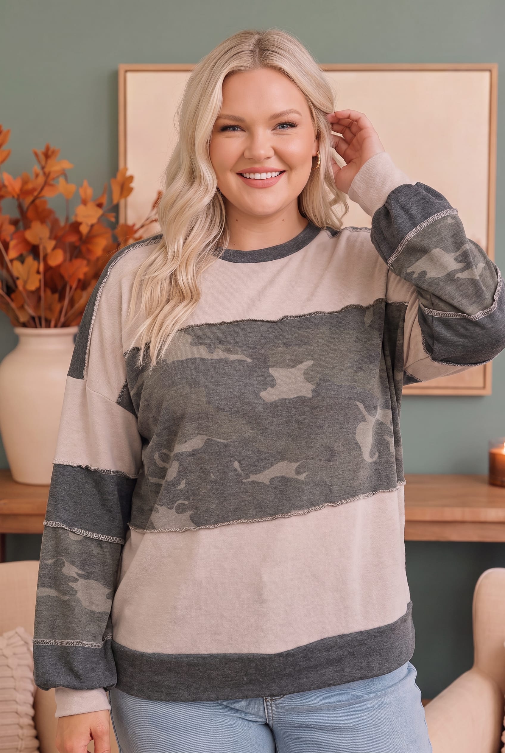 Plus Camo Color Block Long Sleeve Top