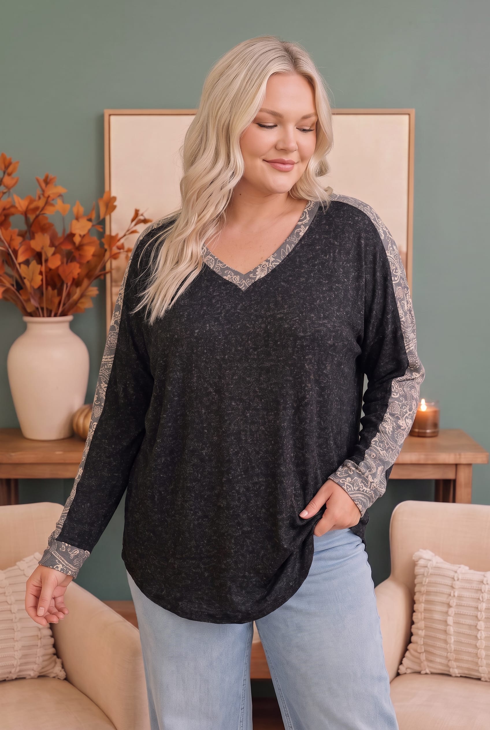 Plus Charcoal V Neck Dolman Sleeve Top with Paisley Trim
