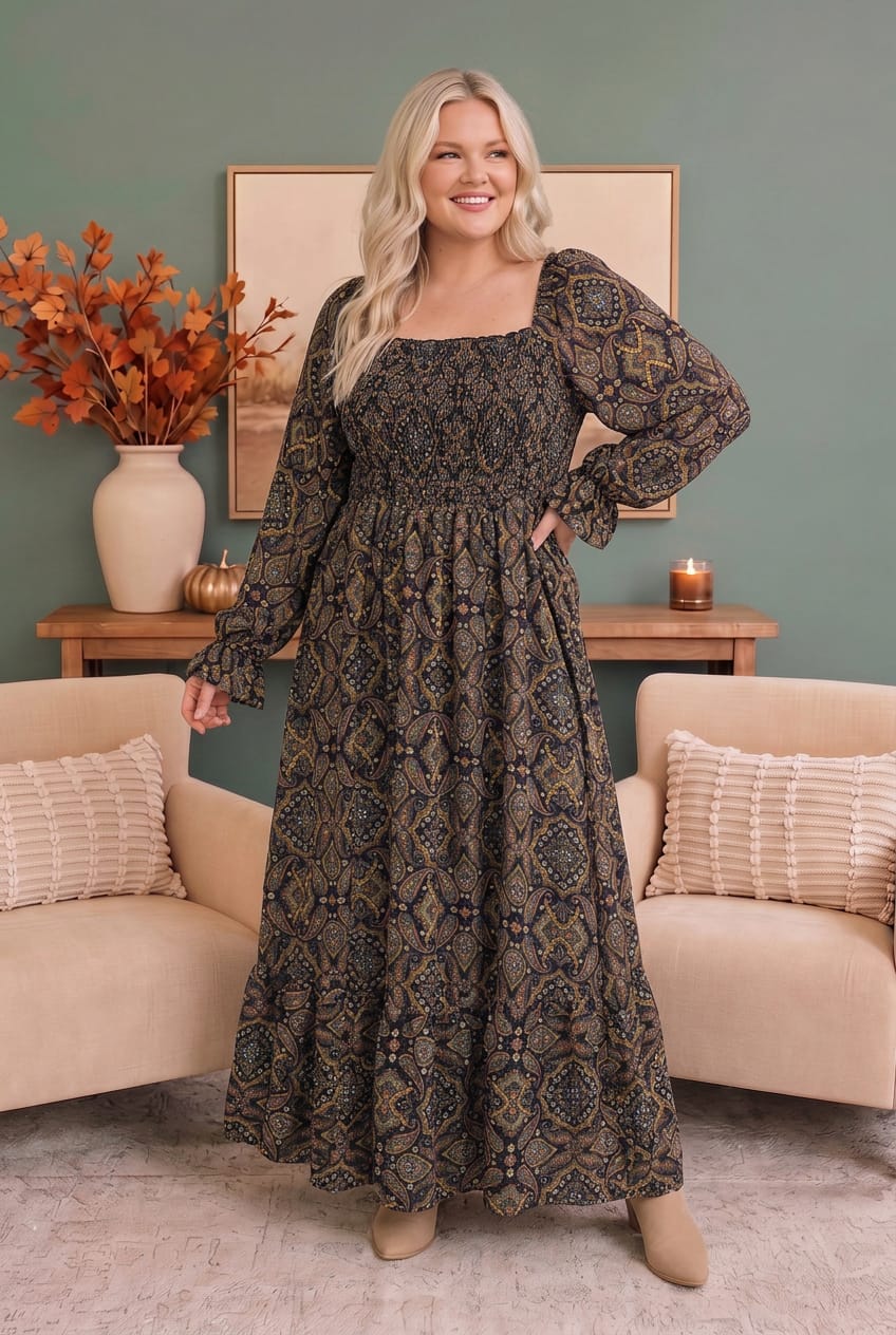 Plus Paisley Print Smocked Bodice Midi Dress