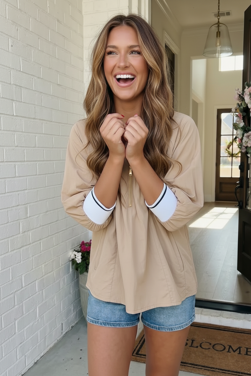 Plus Taupe Half Zip Oversized Pullover Top