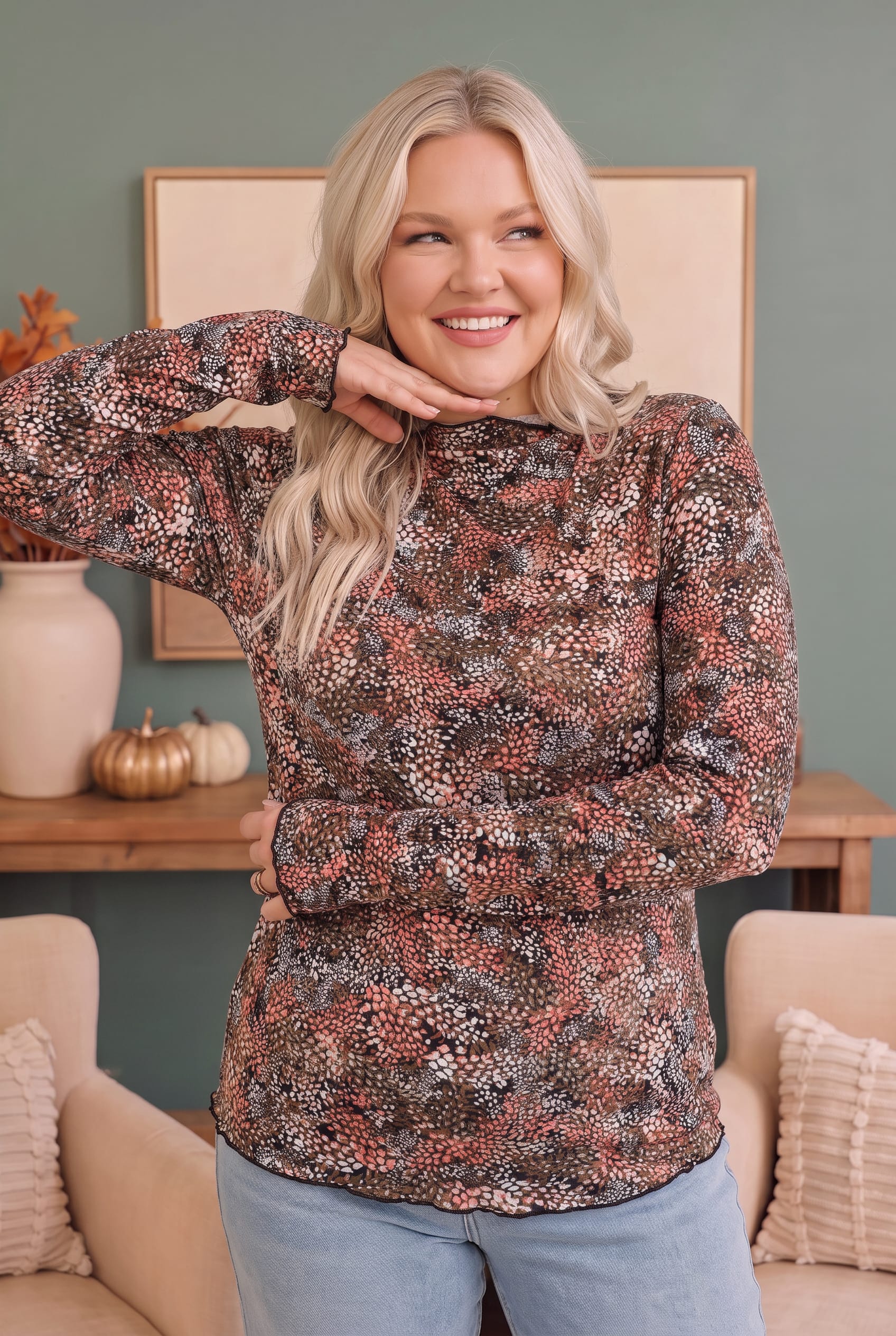 Plus Ditsy Spot Print Long Sleeve Fitted Top