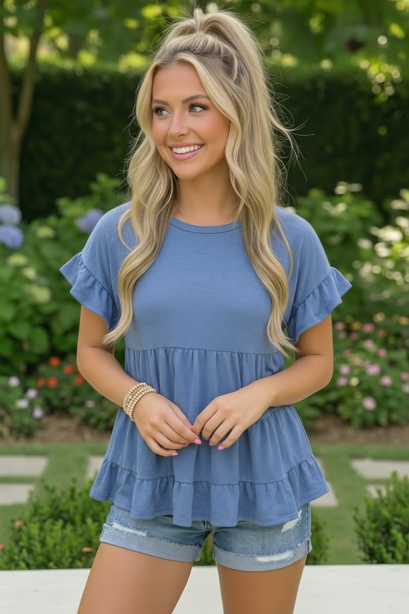 Denim Ruffle Tiered Frill Short Sleeve Swing Top (Open Pack)