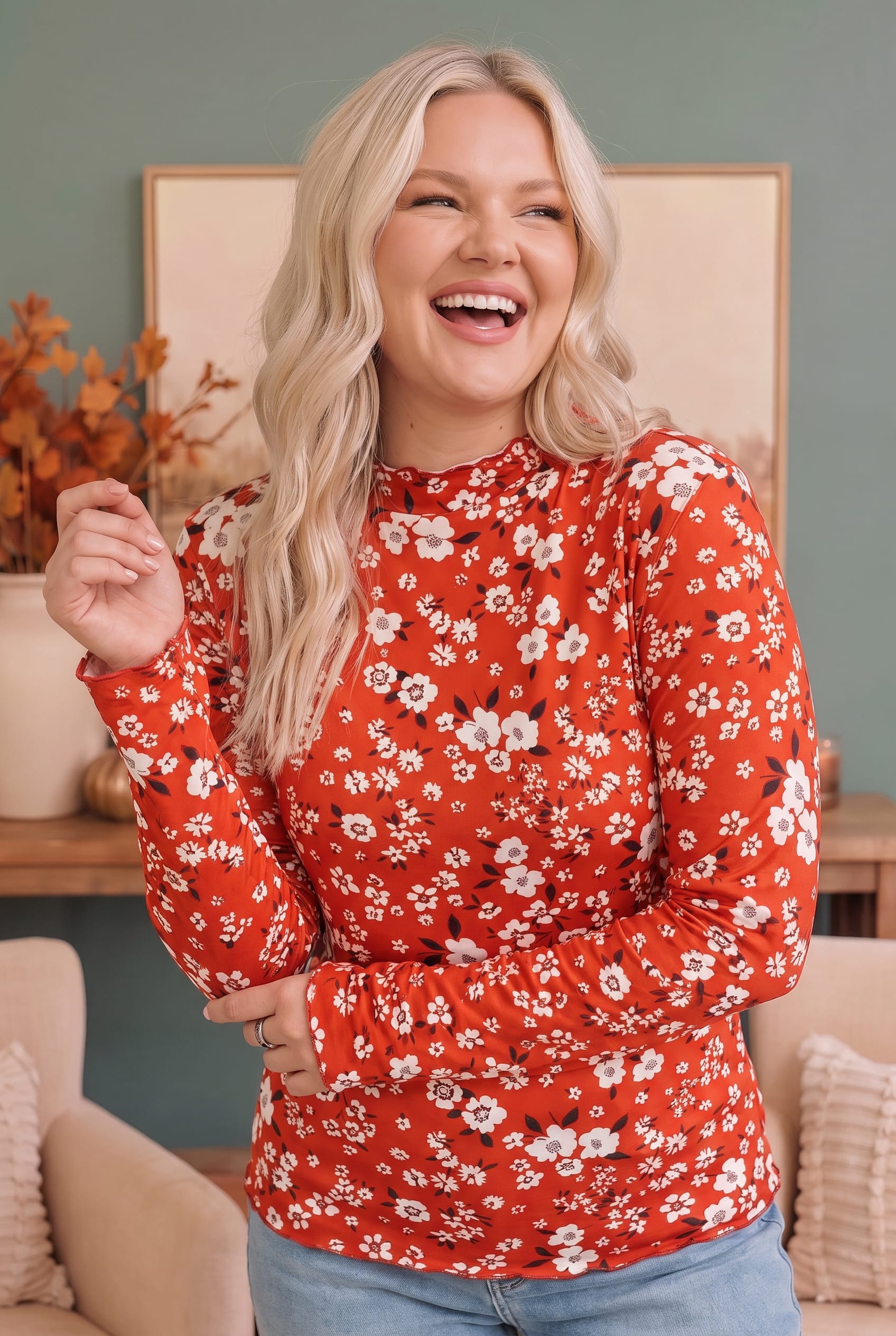 Plus Vermilion Ditsy Floral Mock Neck Long Sleeve Top