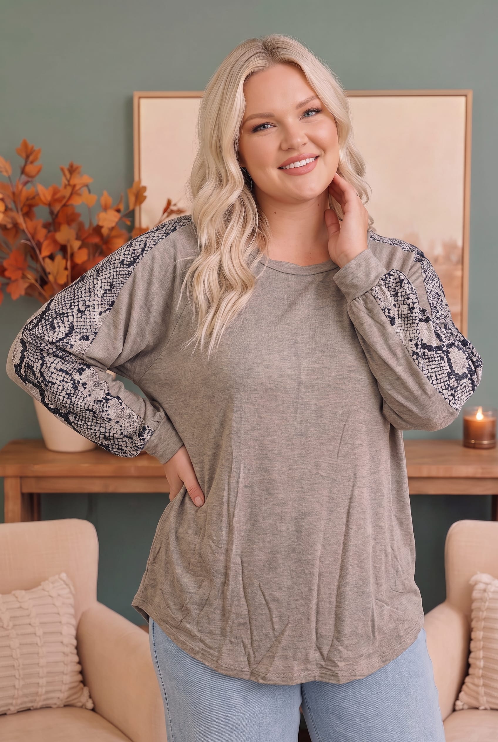 Plus Sand Snake Print Balloon Sleeve Top