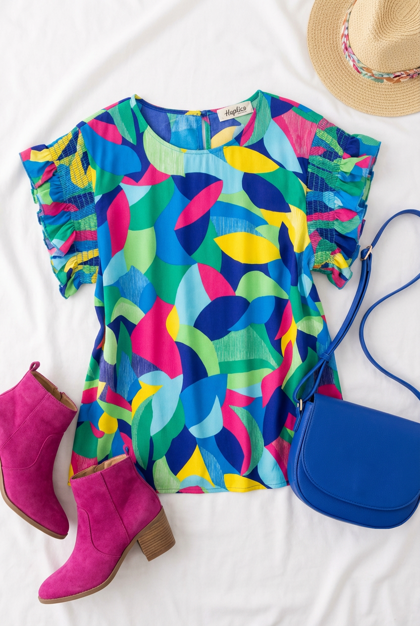 Plus Colorblock Geometric Print Ruffle Sleeve Blouse