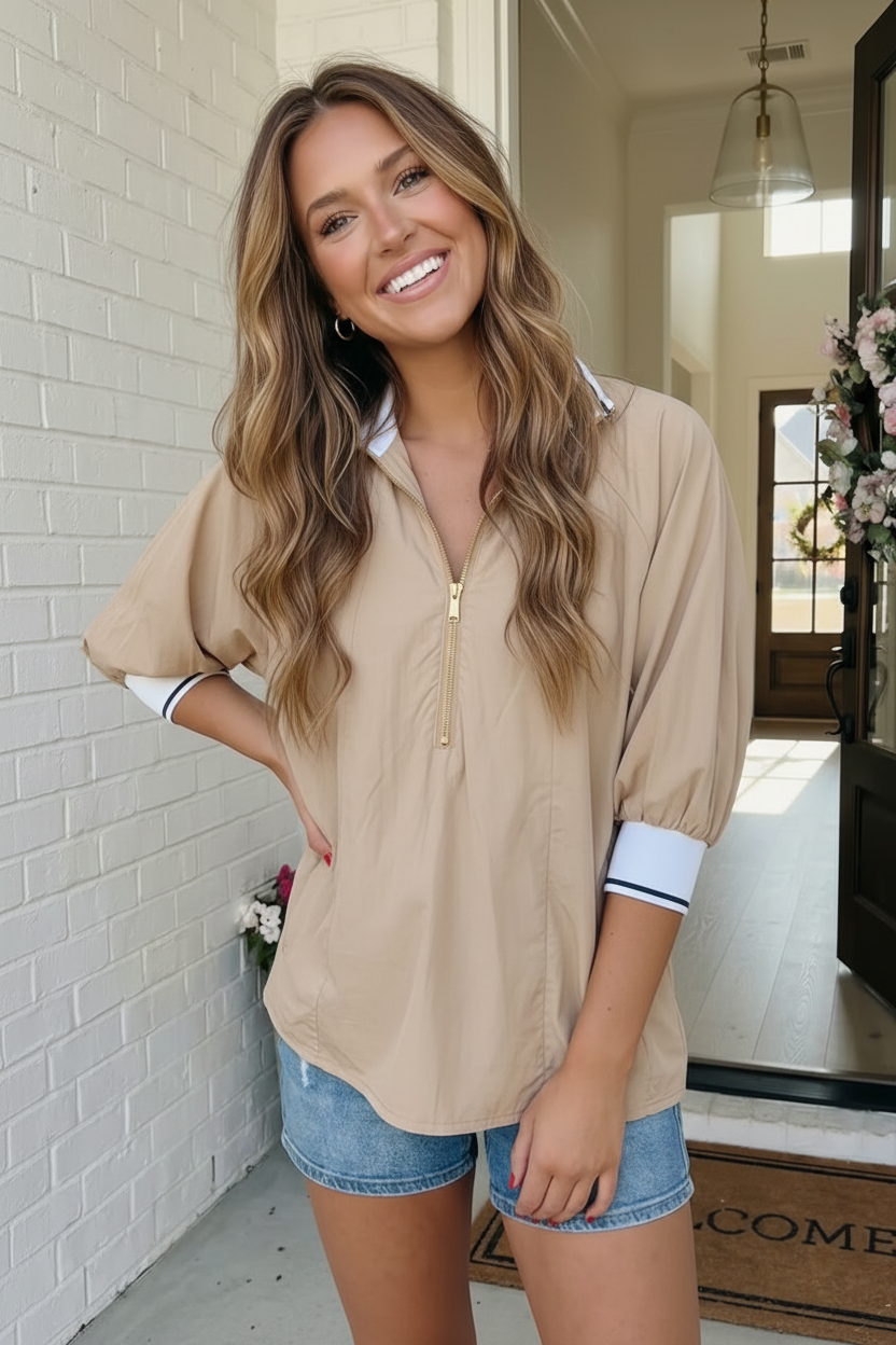 Plus Taupe Half Zip Oversized Pullover Top