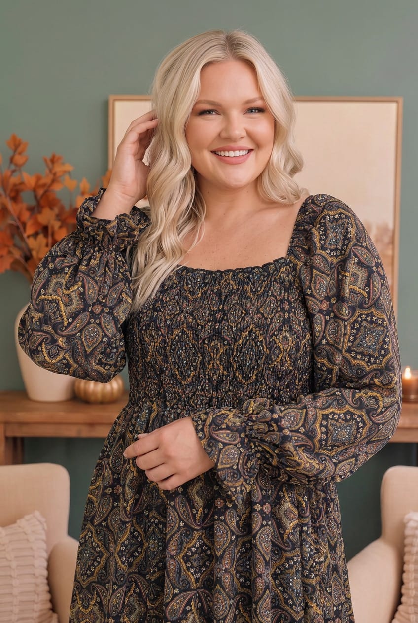 Plus Paisley Print Smocked Bodice Midi Dress