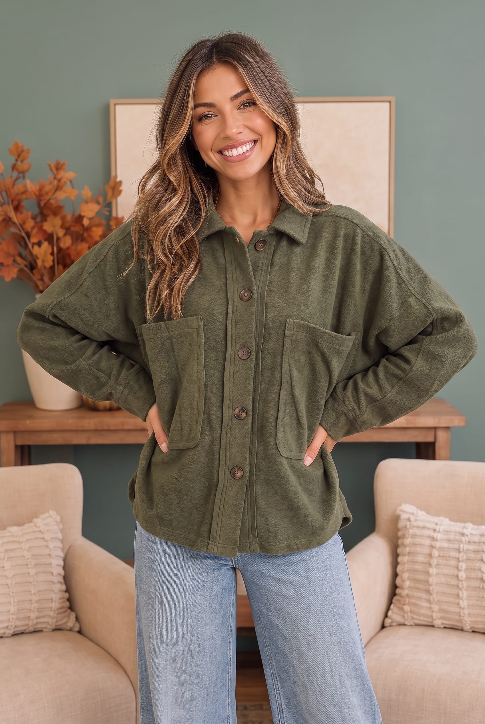 Olive Fleece Button Front Oversized Jacket