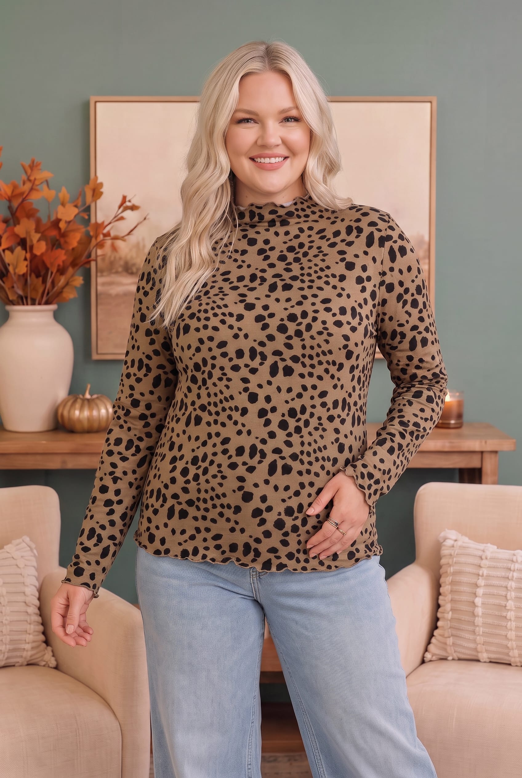 Plus Mocha Cheetah Print Long Sleeve Lettuce Edge Top