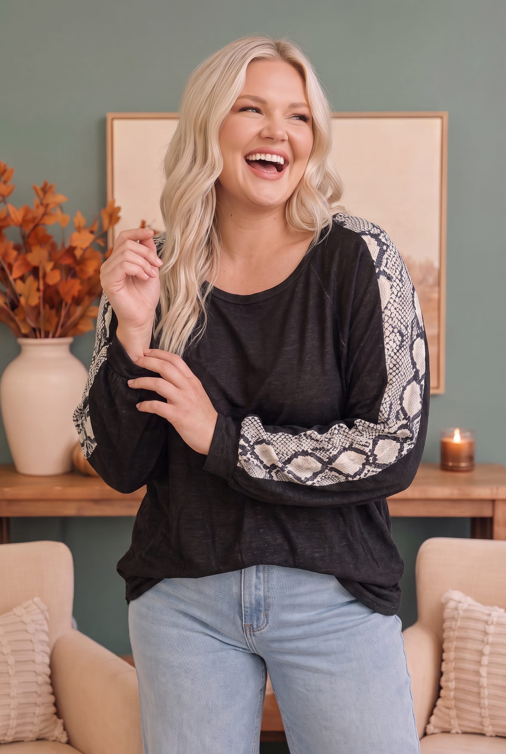 Plus Black Snakeskin Sleeve Raglan Top