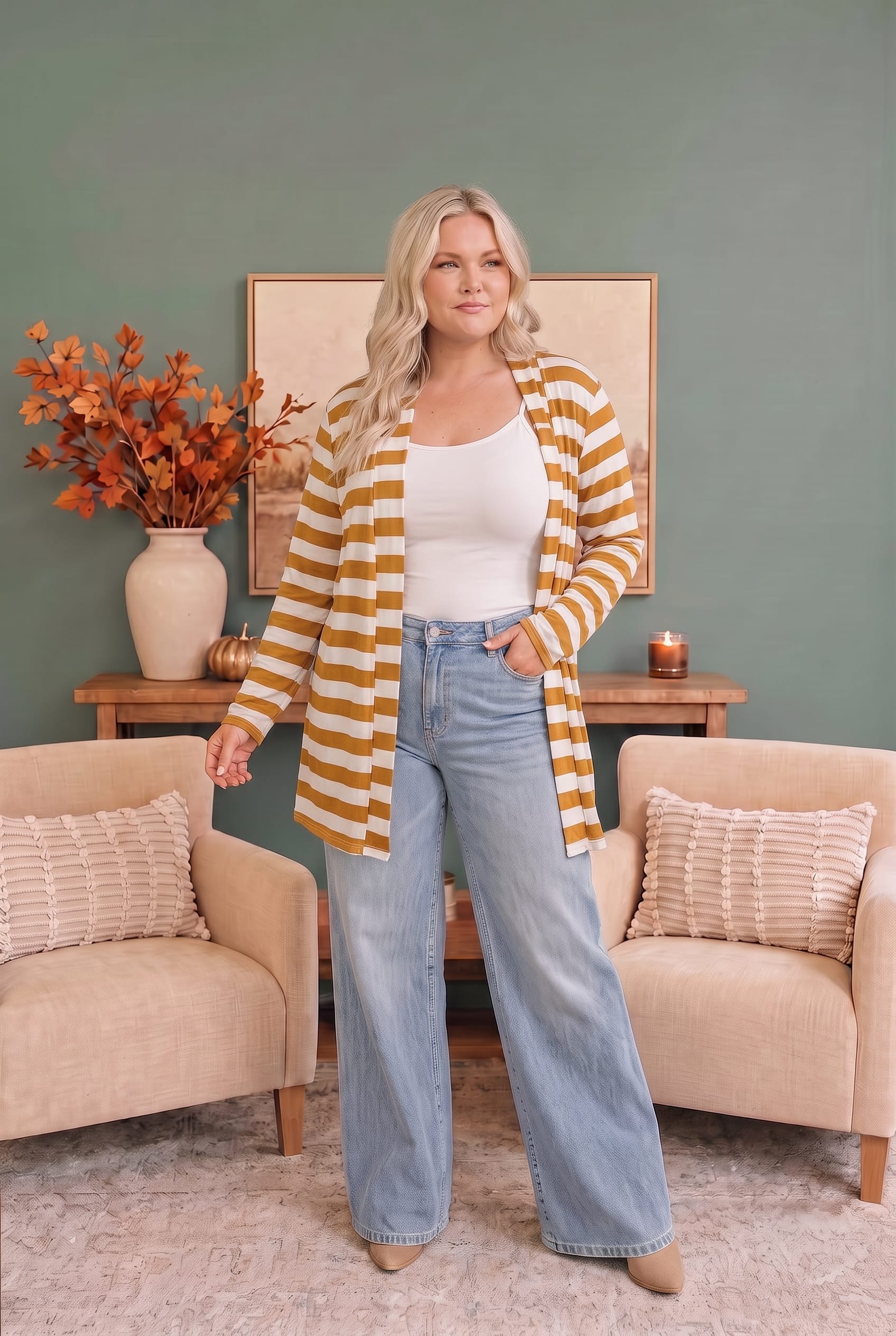 Plus Mustard Striped Open Front Cardigan with Elbow Patches