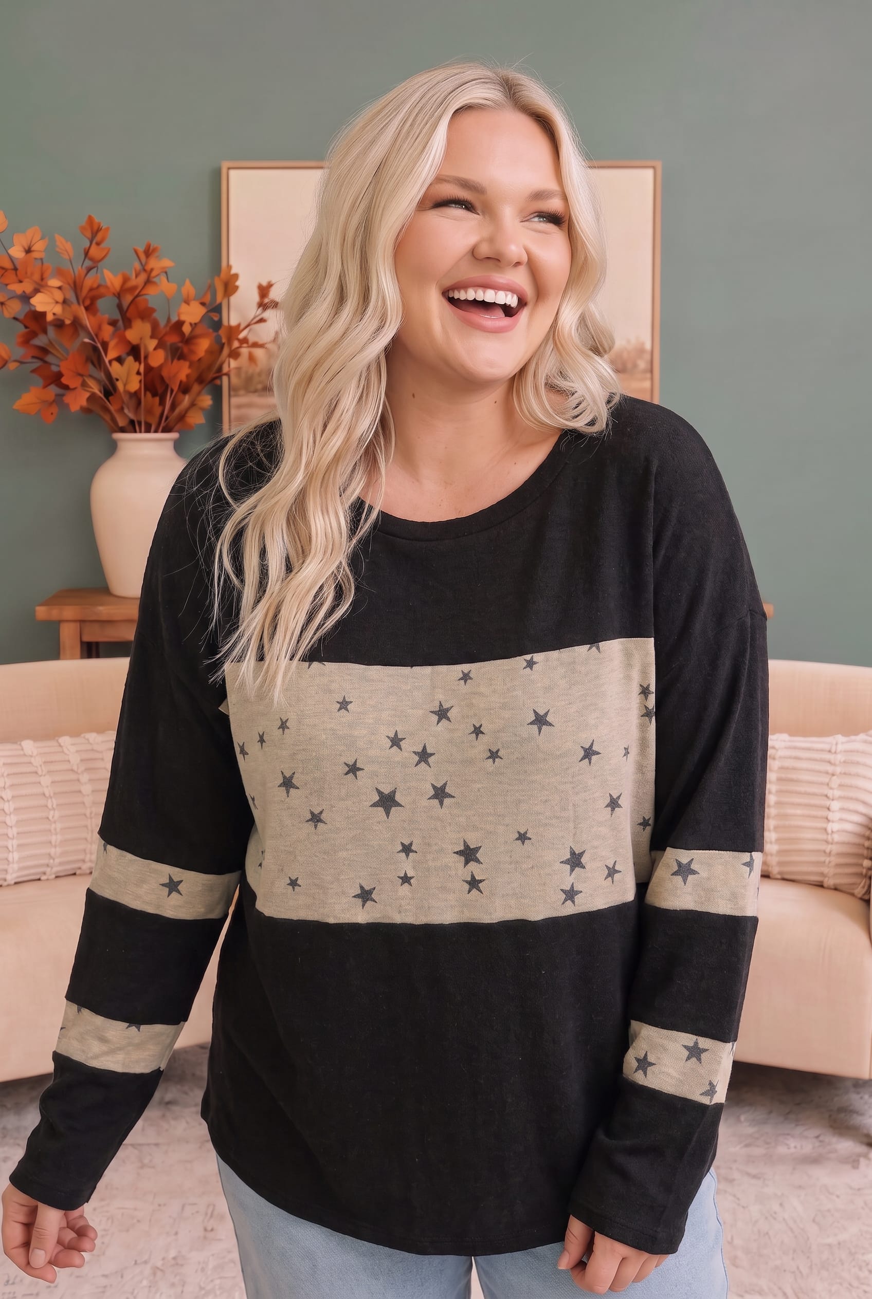 Plus Star Print Color Block Long Sleeve Top