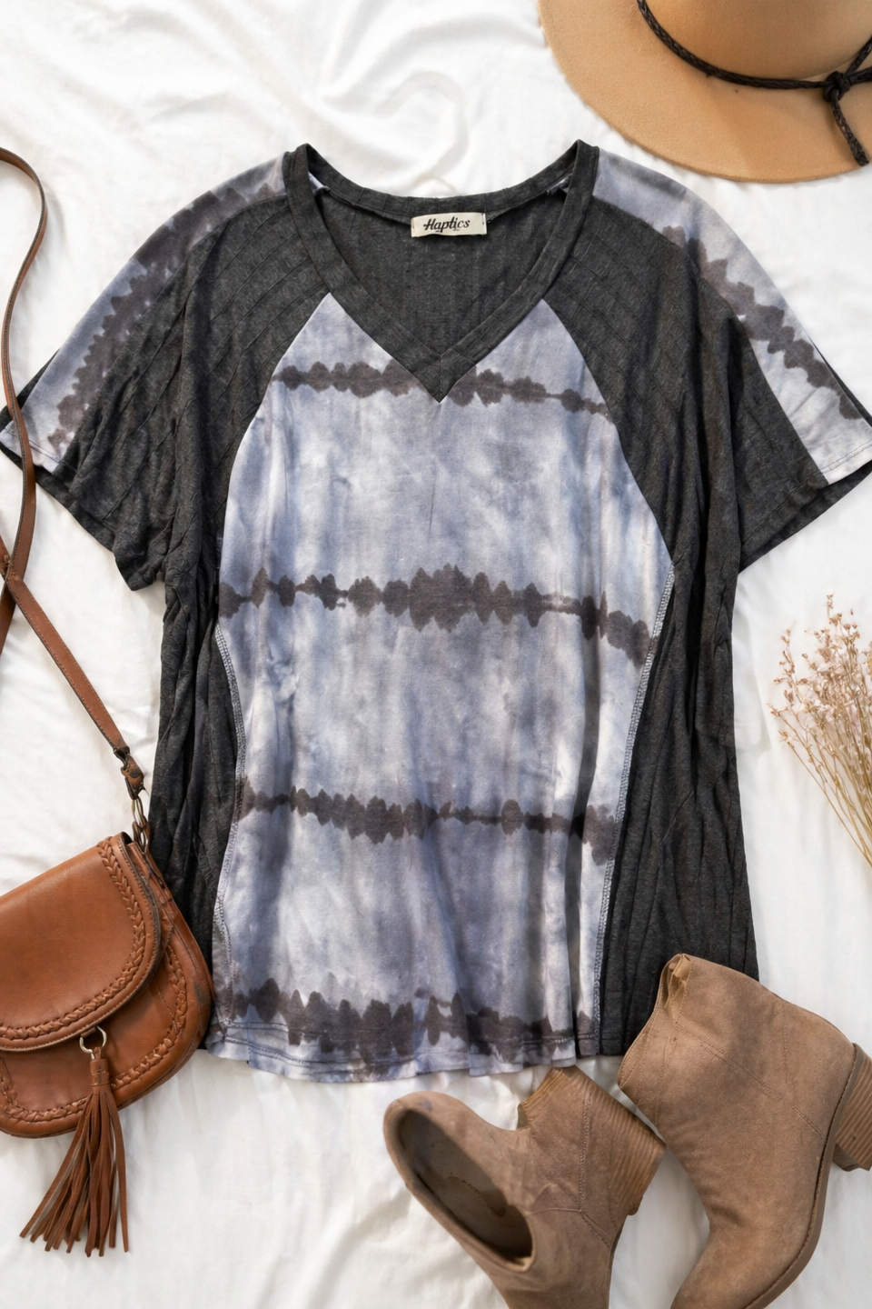 Tie Dye Colorblock Raglan V Neck Top