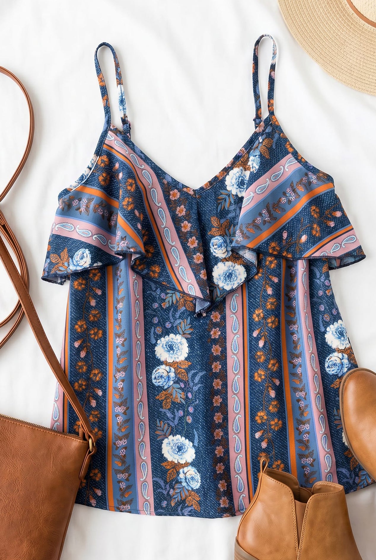 Boho Floral Paisley Ruffle Cami Top