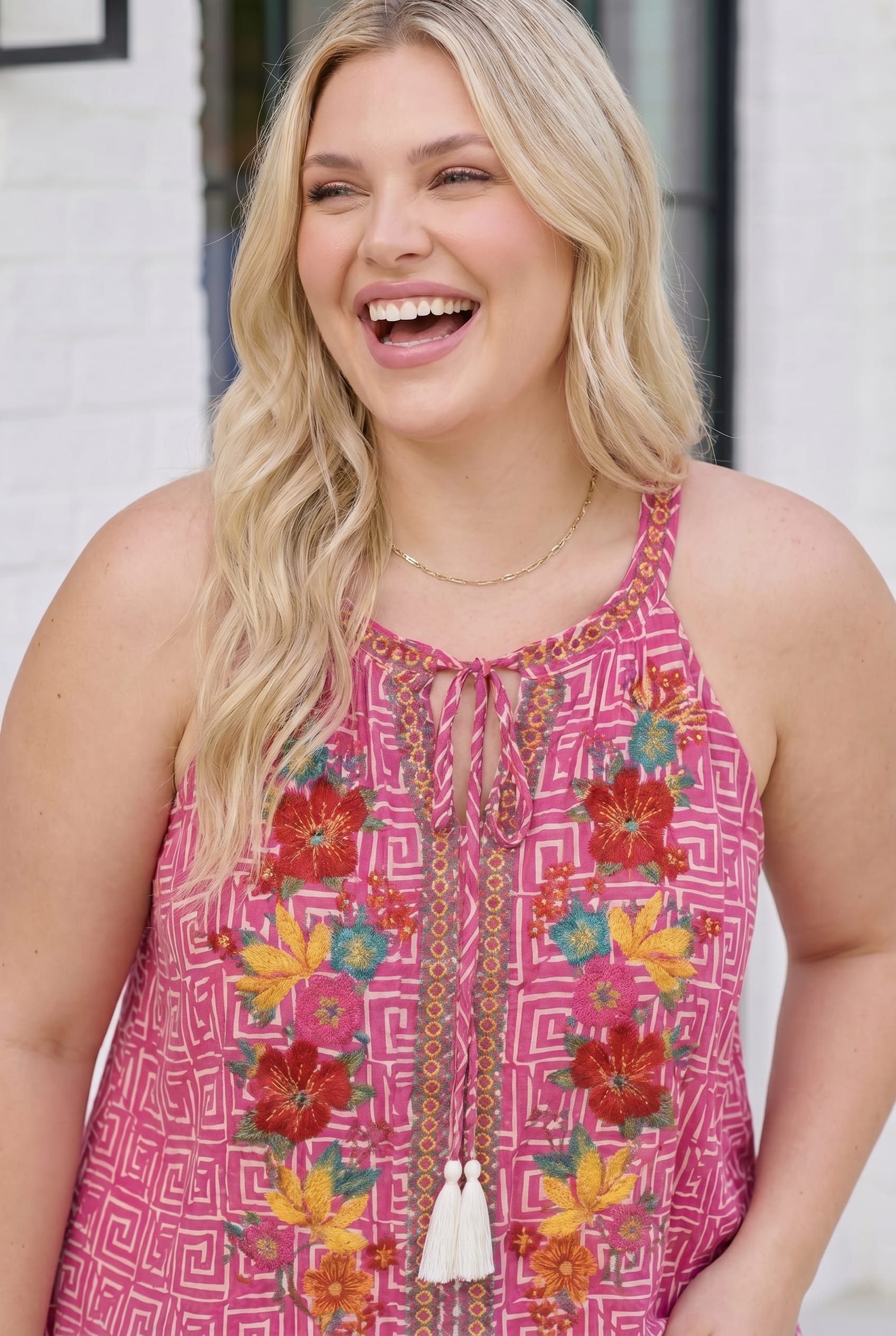 Plus Boho Blooms Embroidered Halter Top in Fuchsia (Open Pack)