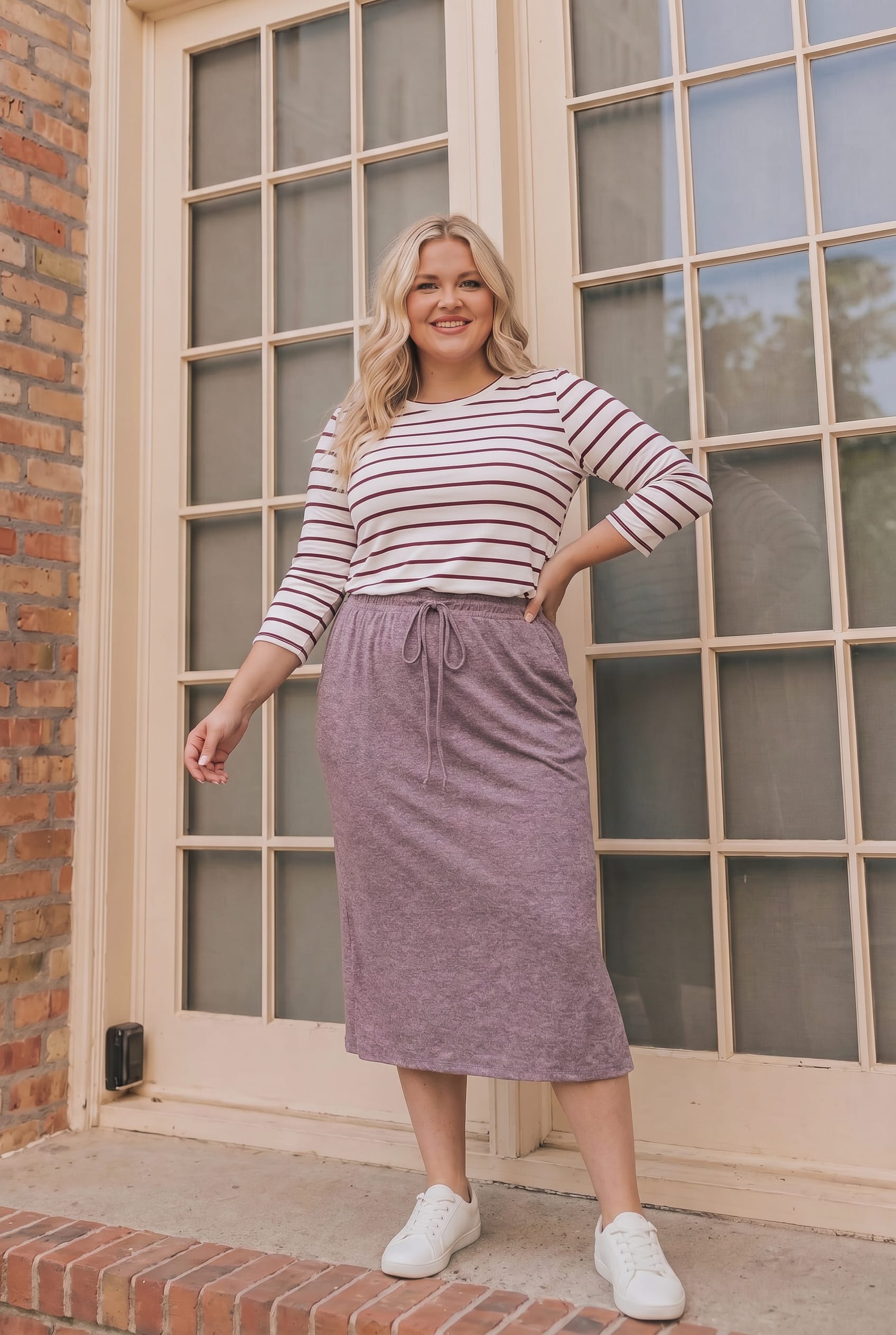 PLUS WINE STRIPE AND SOLID MIDI DRESS