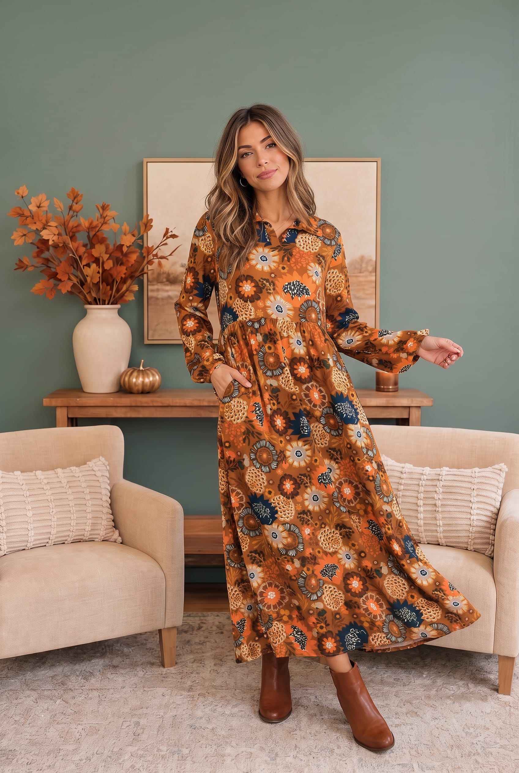 FIT AND FLARE MAXI KNIT DRESS W/ SIDE POCKETS