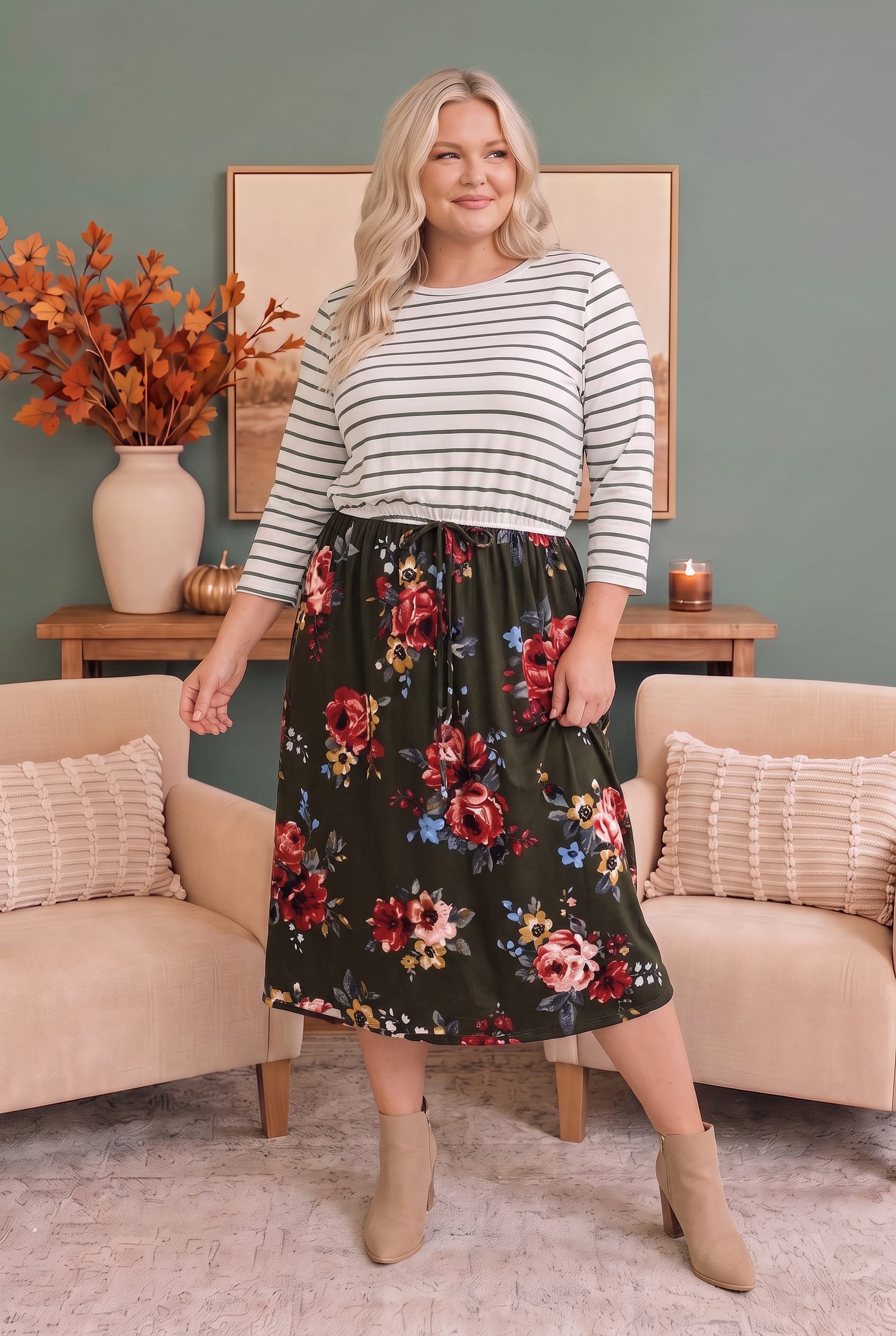 Plus Striped and floral contrasted knee length dress