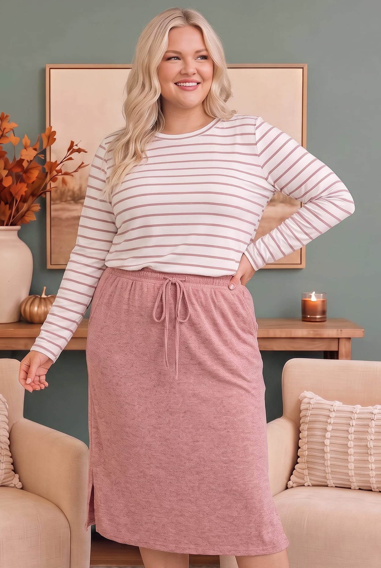 PLUS STRIPE AND SOLID MIDI DRESS