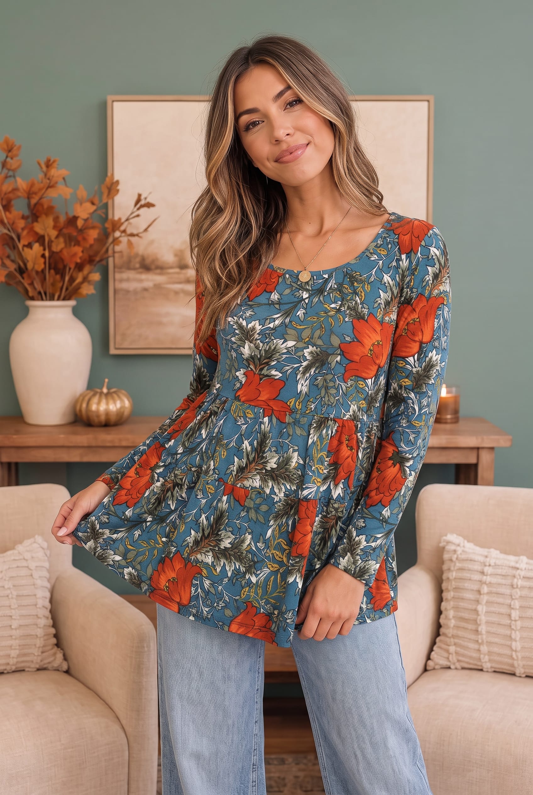 Teal & Red Long Sleeve Floral Print Babydoll