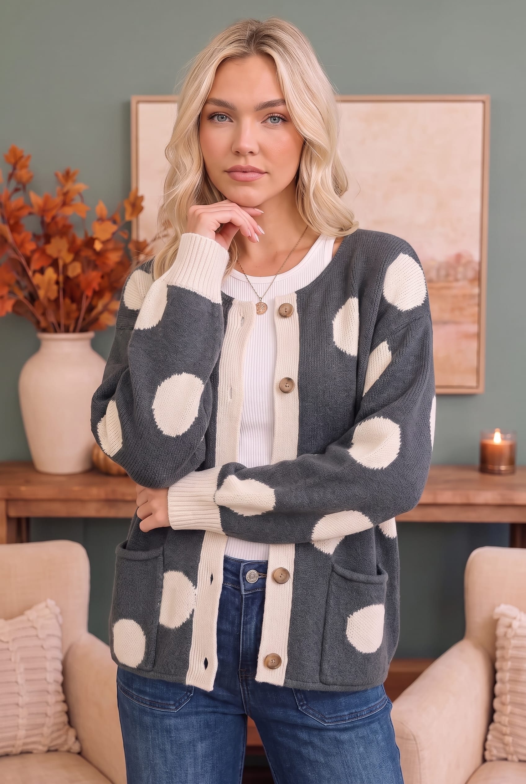 Charcoal Polka Dot Button Front Cardigan