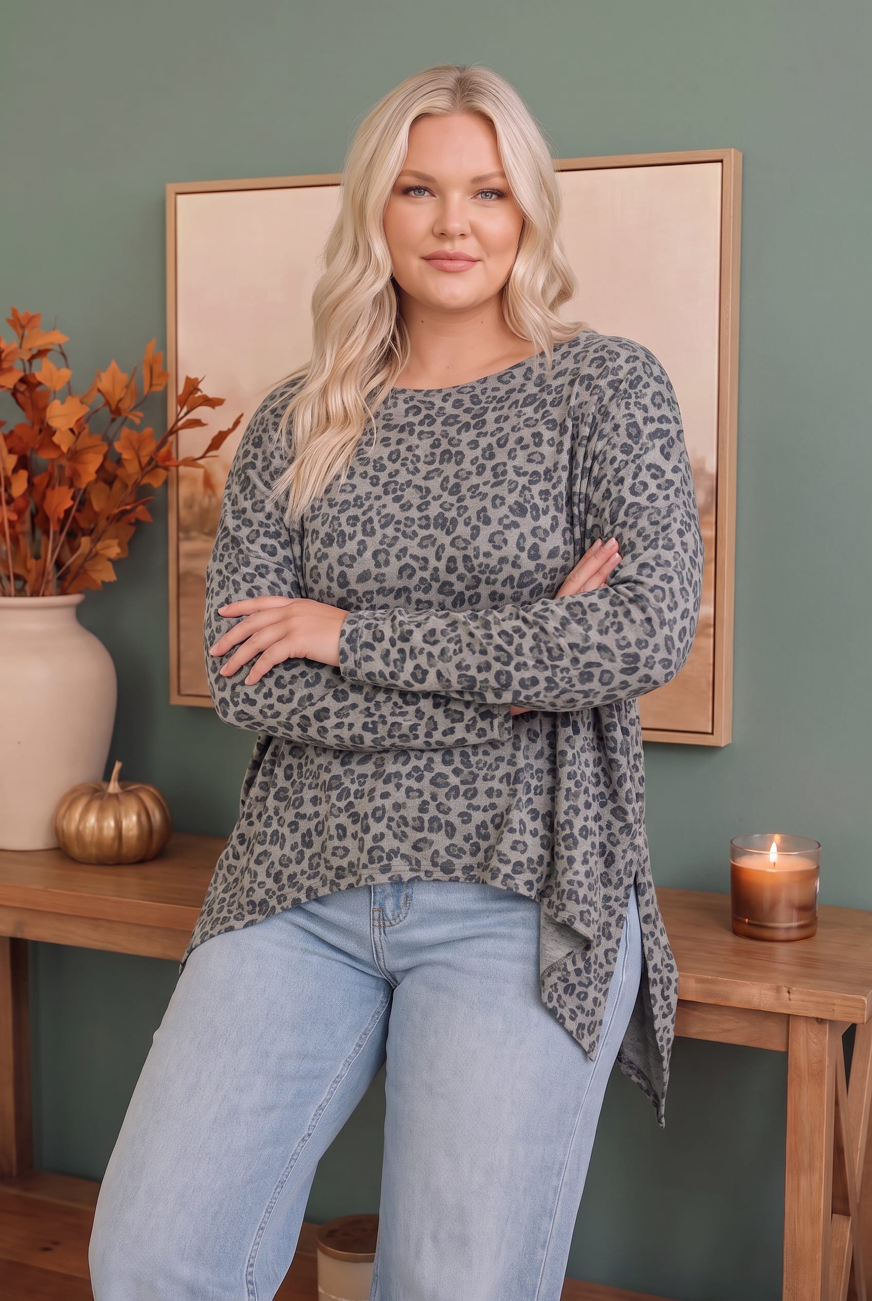 Plus Leopard Print Long Sleeve Oversized Top