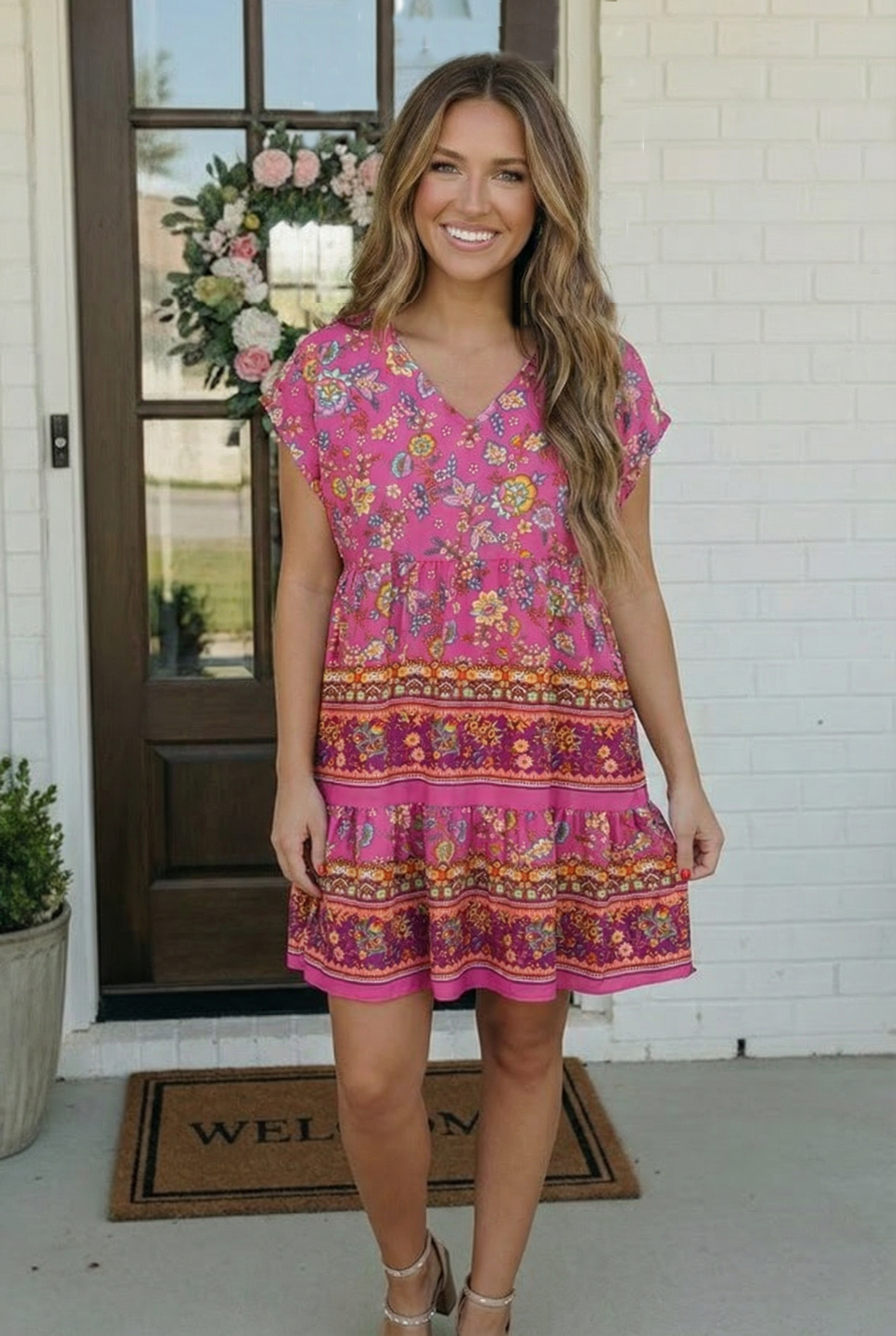 Boho Floral Tiered Short Sleeve Dress