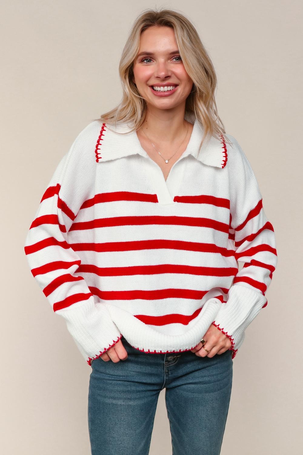 PLUS RED COLLARED NOTCH V NECK LOOSE FIT SWEATER KNIT TOP