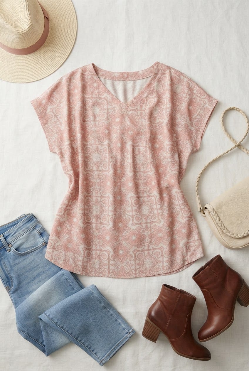 Plus Dusty Rose Tile Print V-Neck Top