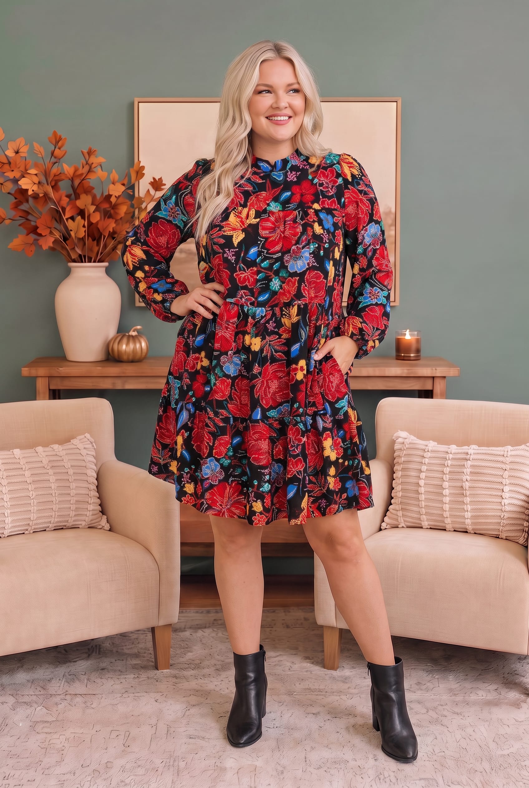 Plus Black Multicolor Floral Tiered Long Sleeve Mini Dress