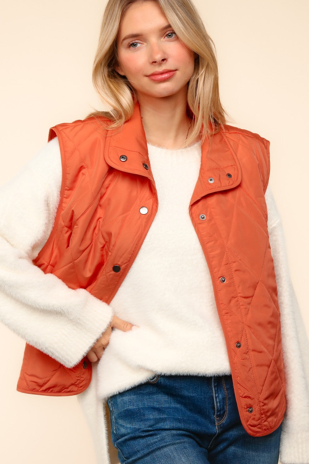 Rusty Puffer Rust Sleeveless Snap Button Quilted Puffer Vest