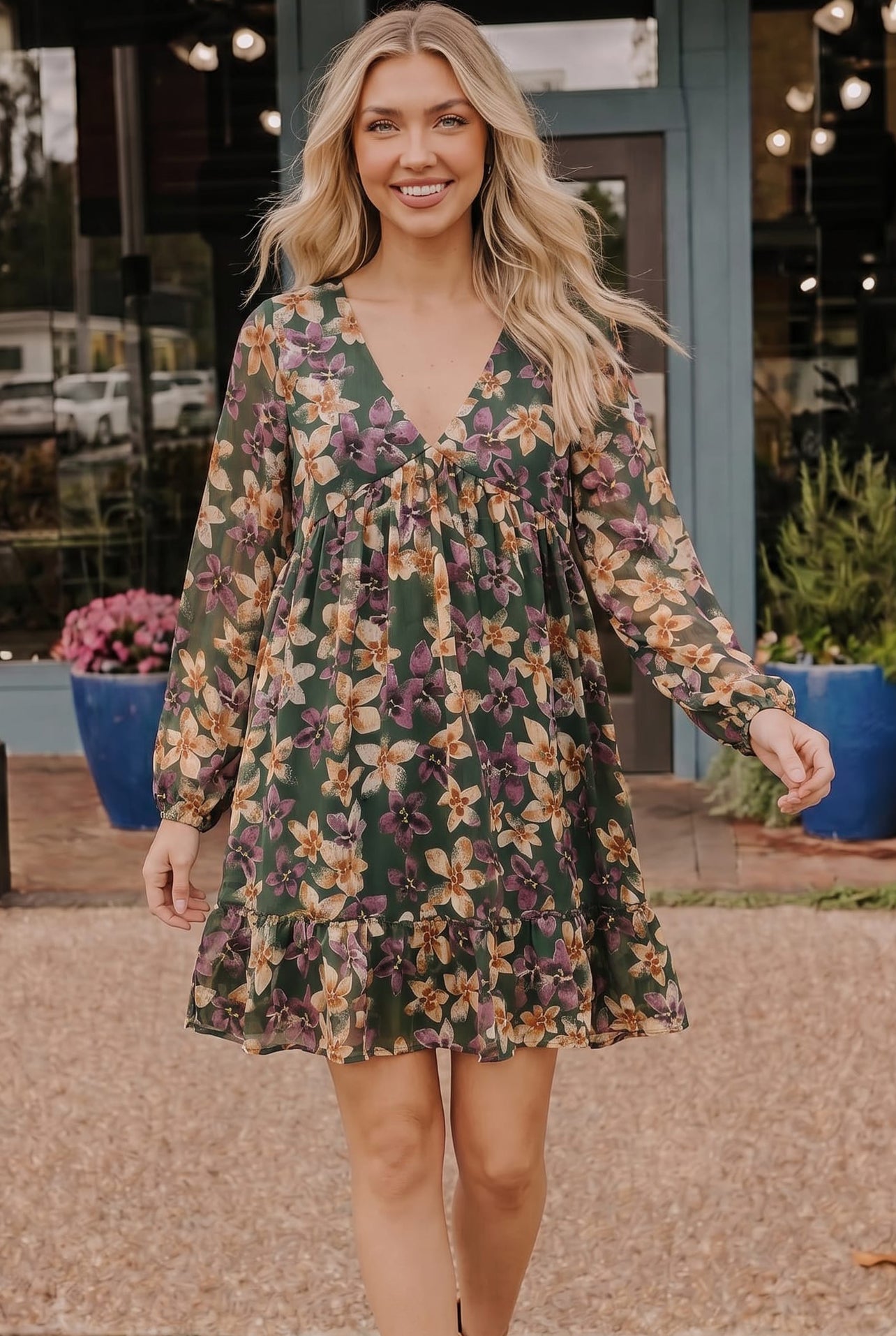 Green Floral V Neck Ruffle Hem Lined Dress
