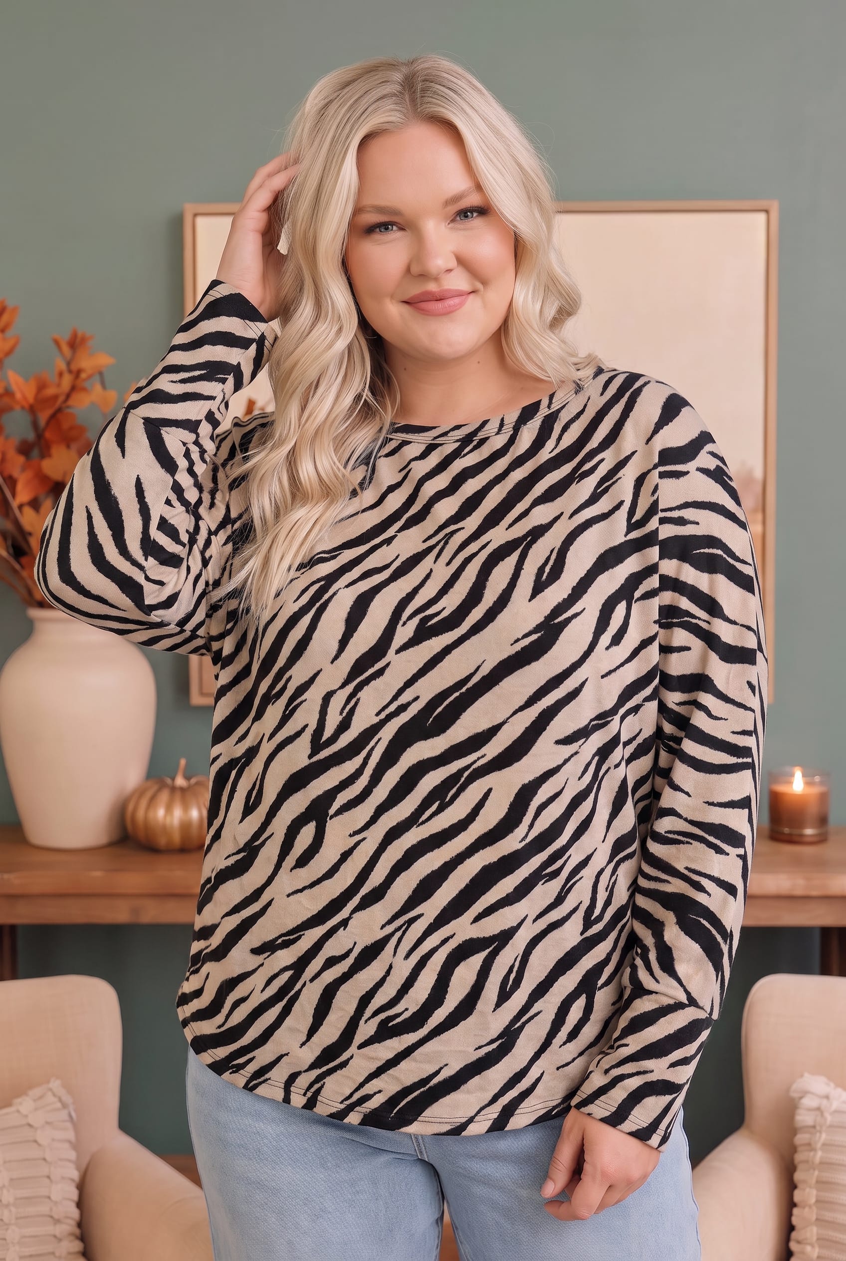 Plus Zebra Print Long Sleeve Oversized Top