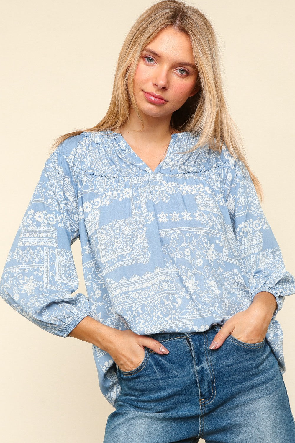 PLUS NOTCH NECK PATCHWORK PRINT WOVEN TOP