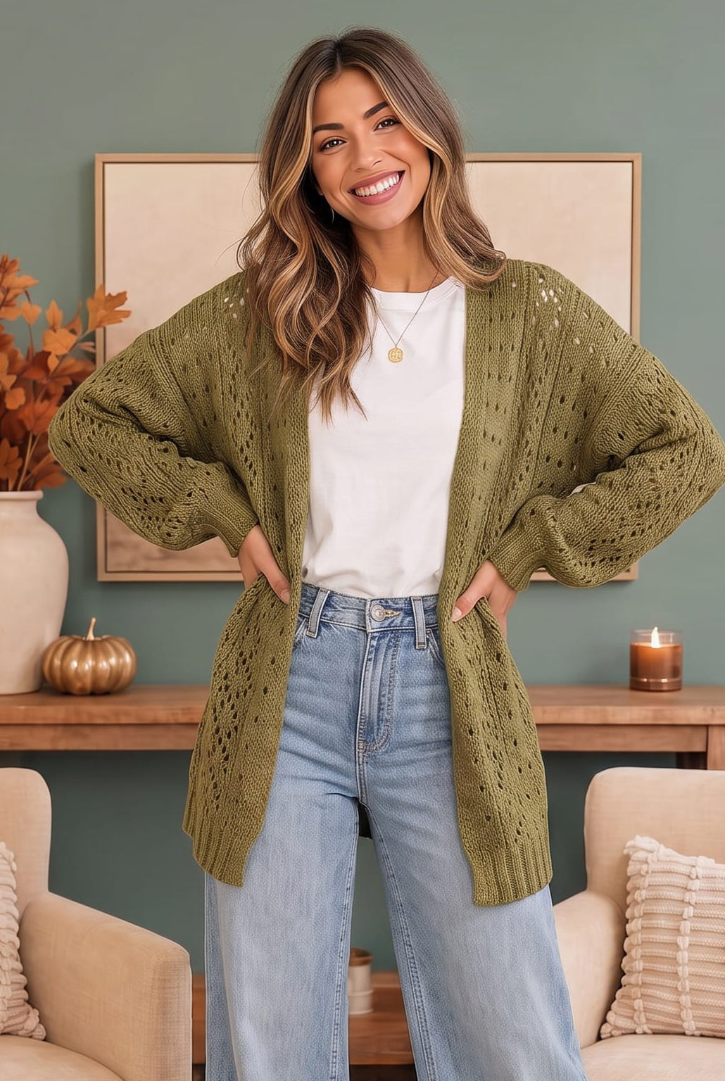 Olive Green Open Knit Oversized Cardigan