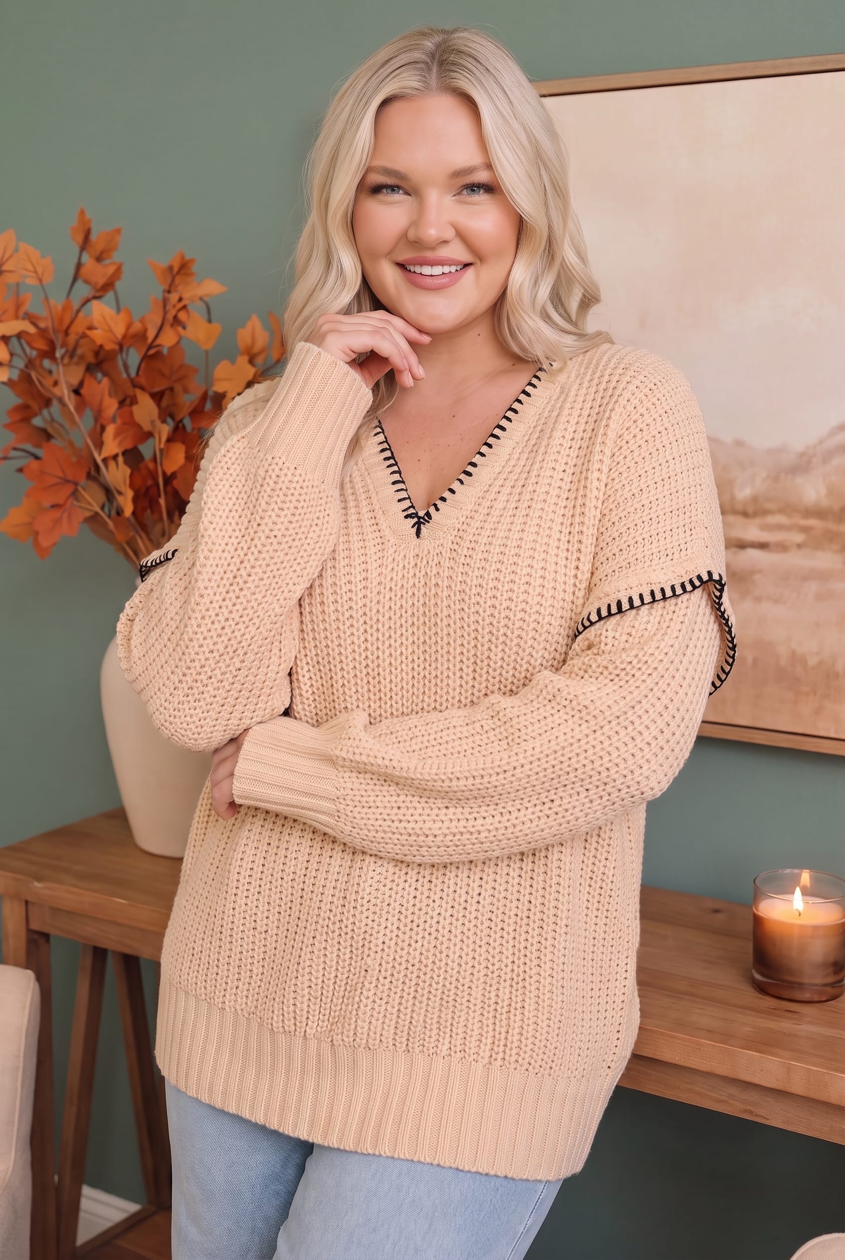 Plus Oatmeal V-Neck Knit Sweater with Contrast Stitching