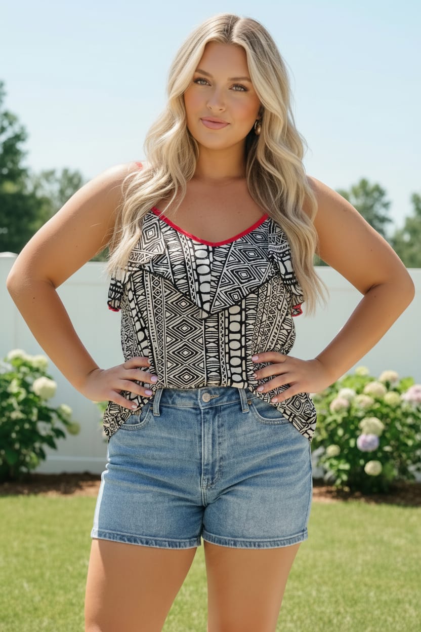 Plus Tribal Print Ruffle Tank Top