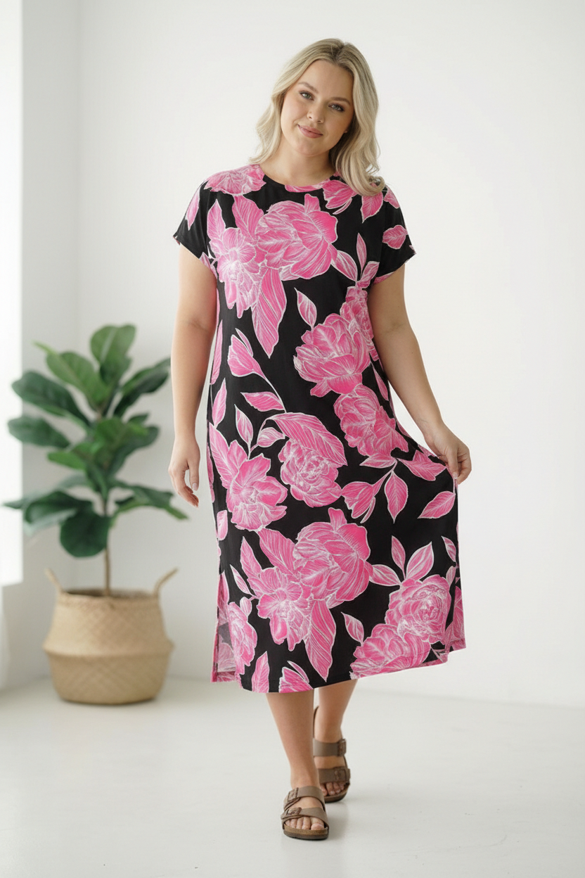 PLUS FLORAL MIDI DRESS W/ SIDE POCKETS AND SLIT