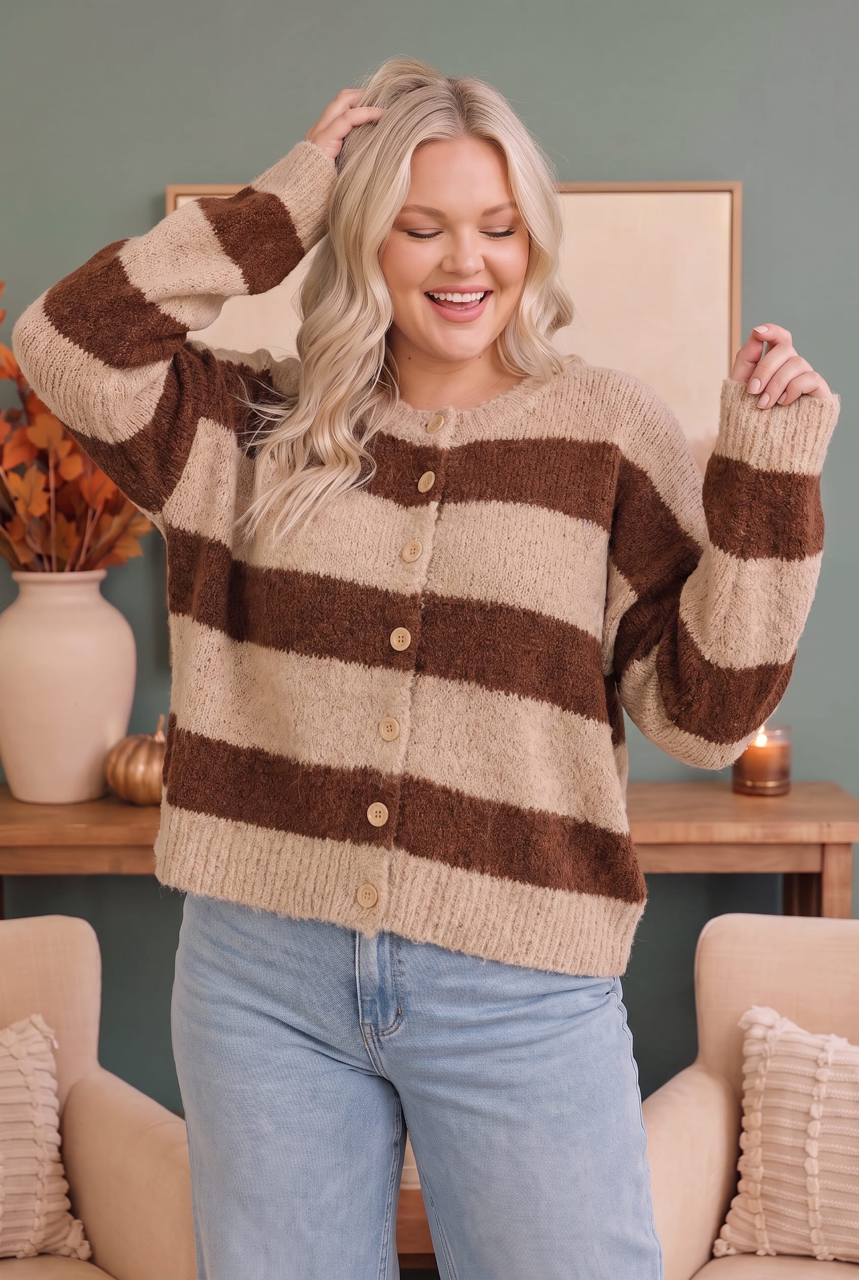 Plus Taupe Brown Stripe Button Front Knit Cardigan