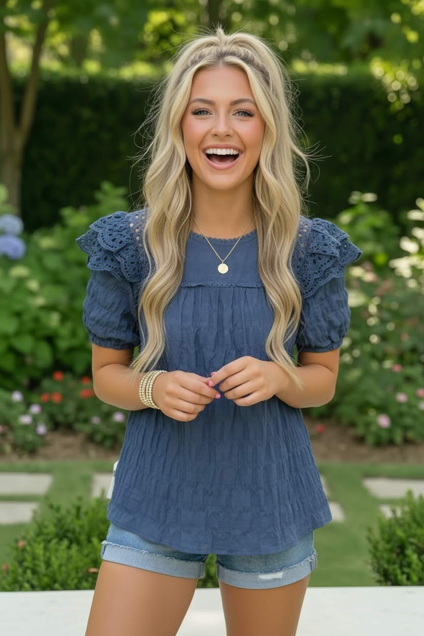 Navy Eyelet Ruffle Shoulder Textured Blouse