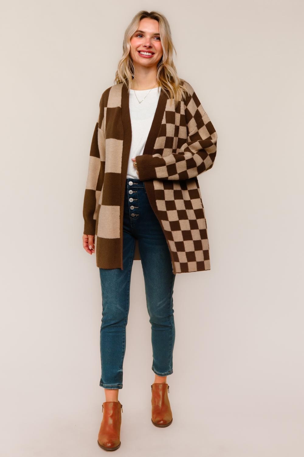 Checker Pattern Sweaters PLUS MOCHA CHECKER BOARD PATTERN CARDIGAN SWEATER