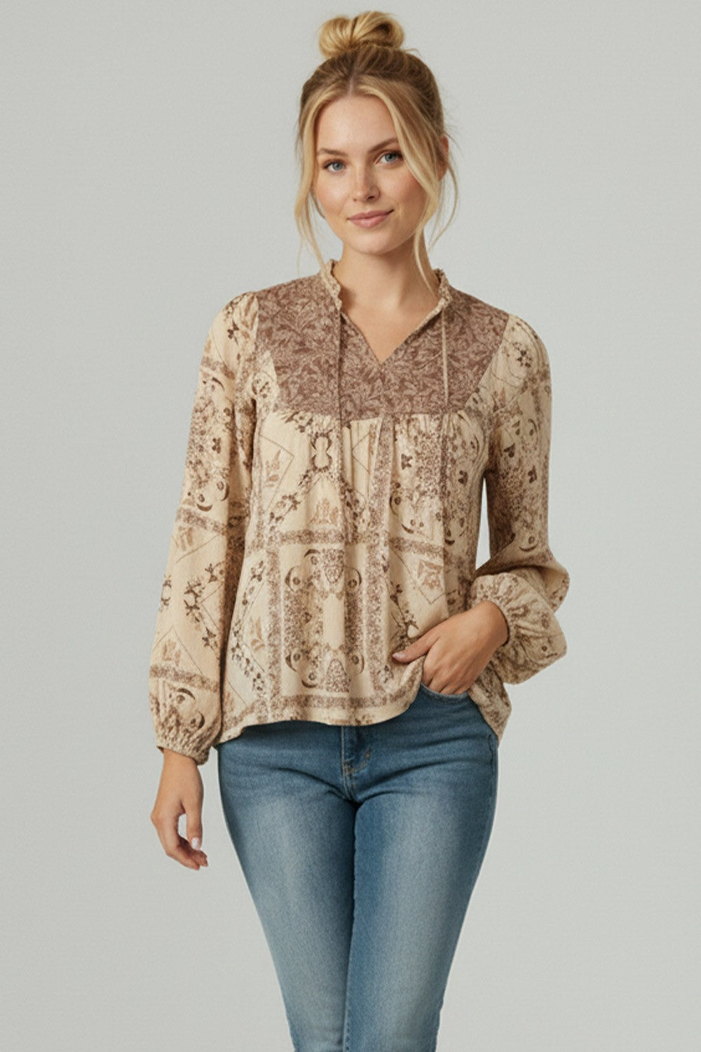 FRILL MOCK NECK PEASANT BOHEMIAN BLOUSE