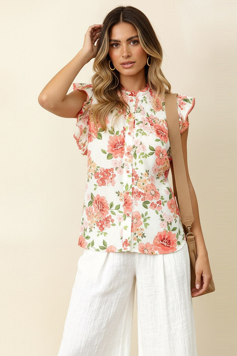 PLUS CROCHET LACE MOCK NECK SMOCKED FLORAL TOP