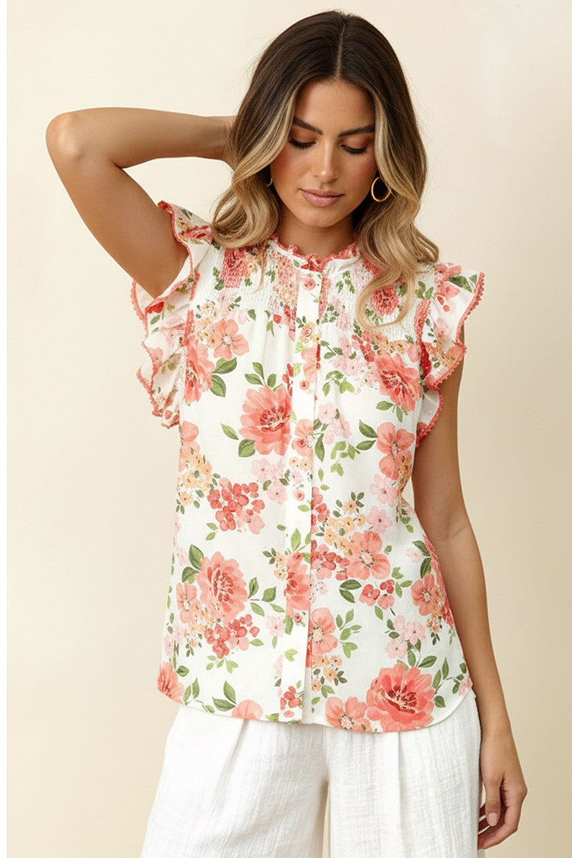 PLUS CROCHET LACE MOCK NECK SMOCKED FLORAL TOP