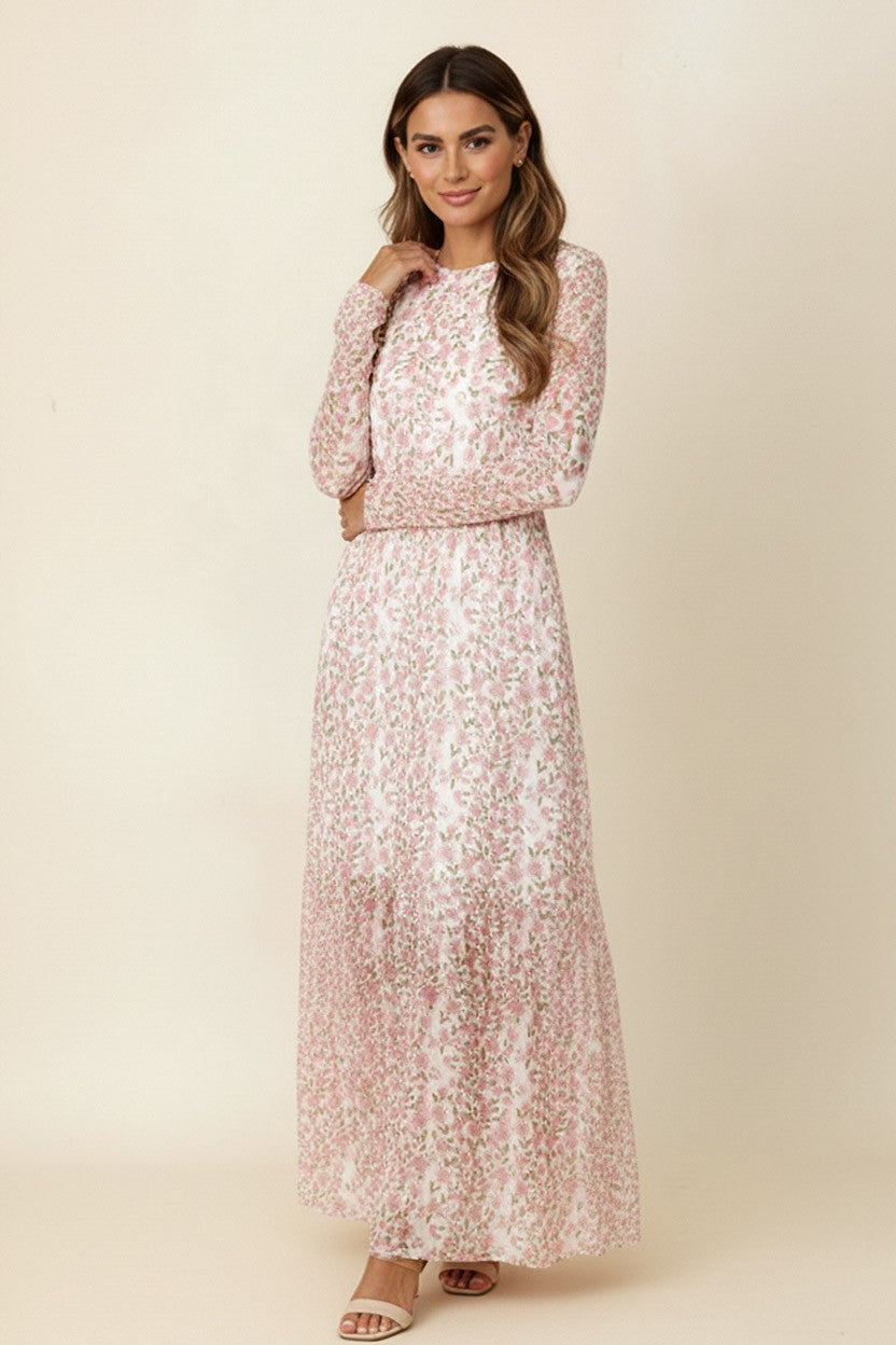LONG SLEEVE FLORAL MESH MIDI DRESS