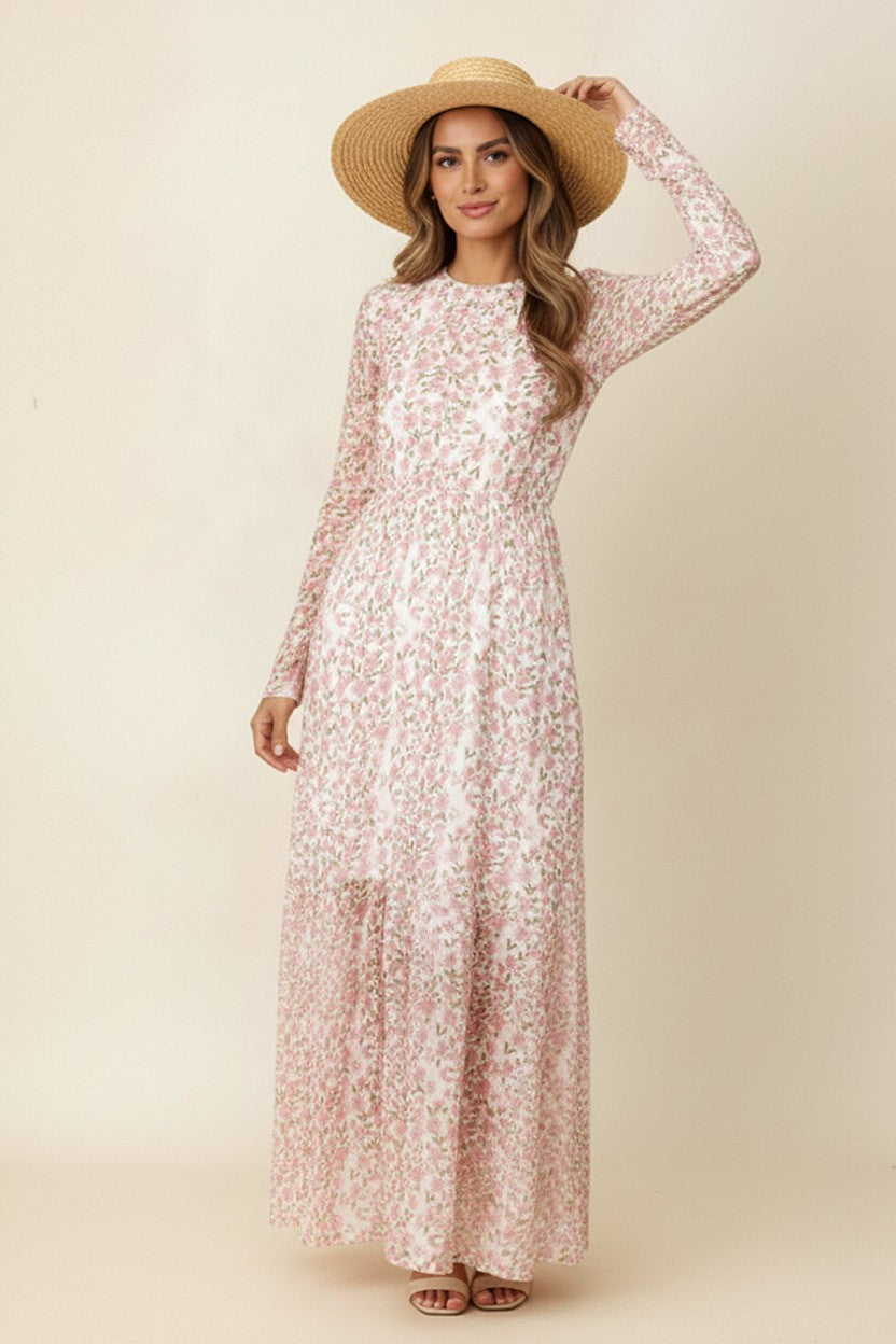 LONG SLEEVE FLORAL MESH MIDI DRESS