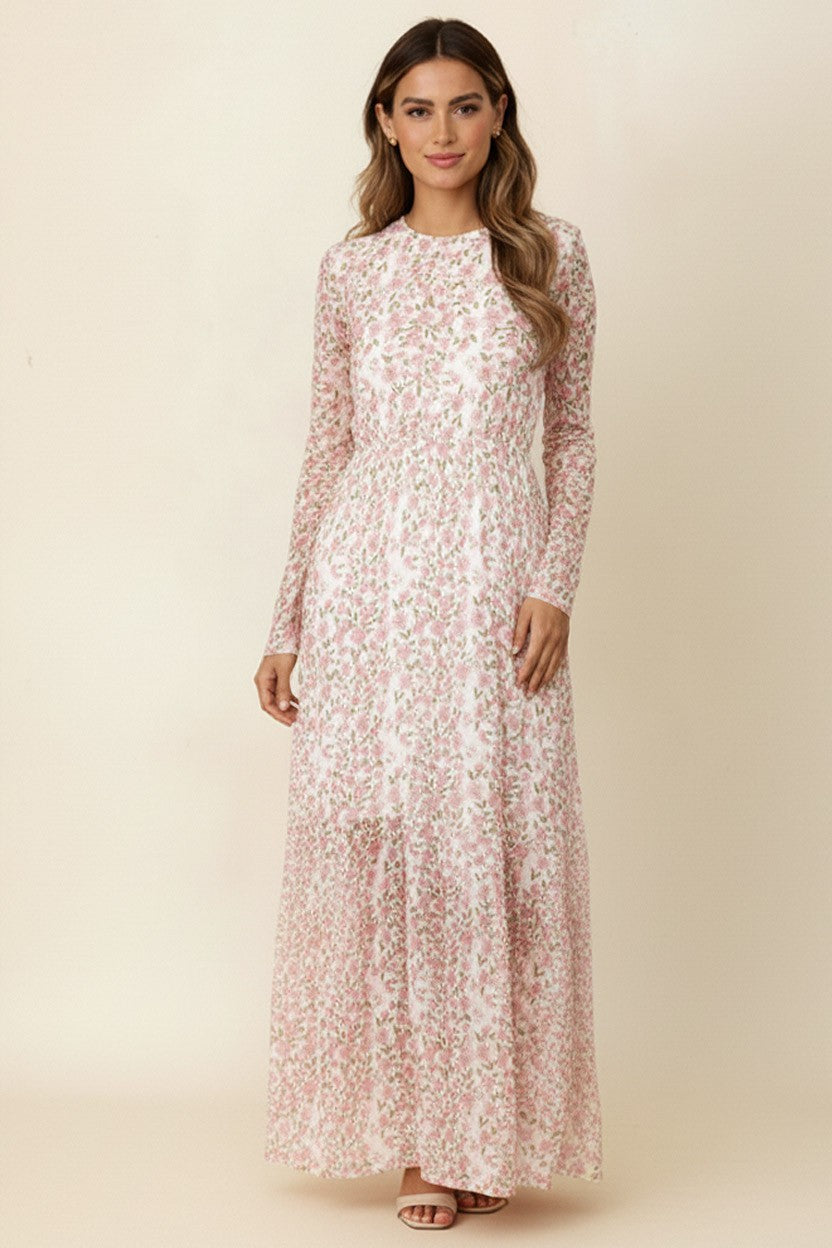 LONG SLEEVE FLORAL MESH MIDI DRESS