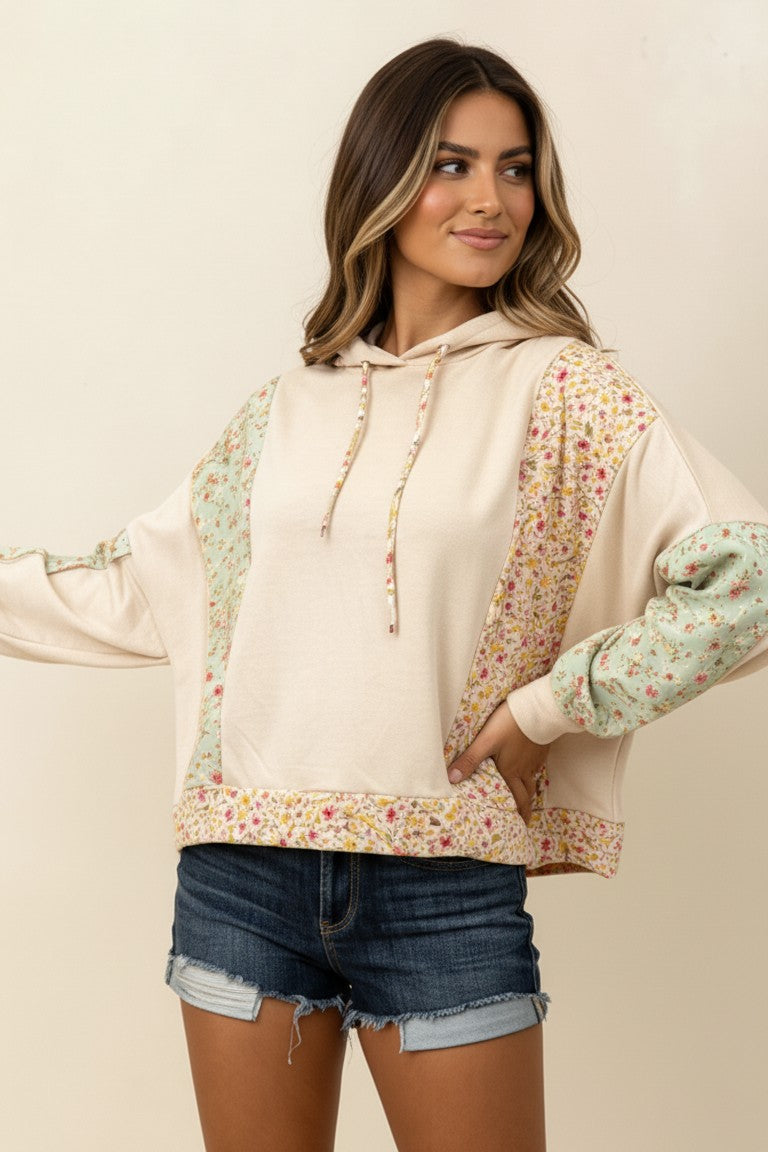 FLORAL COLOR BLOCK KNIT TOP WITH HOODIE
