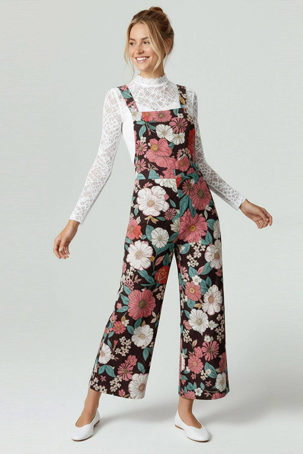 BROWN FLORAL PRINT LINEN OVERALL WITH SHOULDER STRAPS